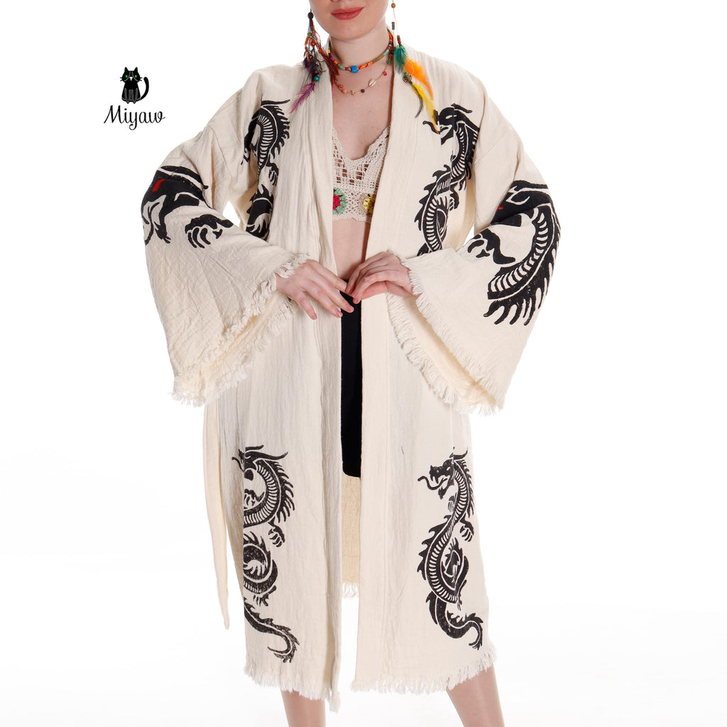 Boho Cotton Bath Robe – Organic Cotton Kimono Robe for Women, Dragon Gown & Beach Cover Ups - Blackthorn 31