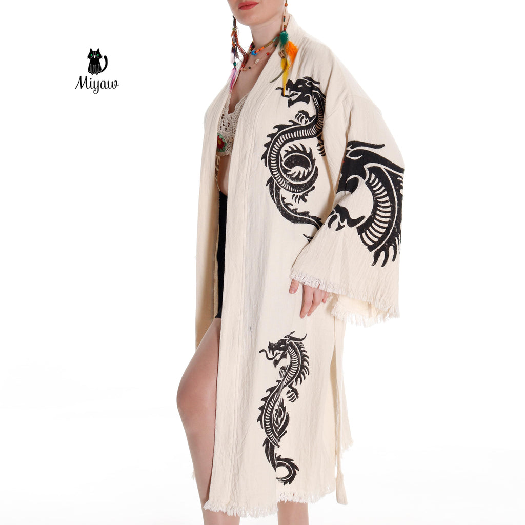 Boho Cotton Bath Robe – Organic Cotton Kimono Robe for Women, Dragon Gown & Beach Cover Ups - Blackthorn 31