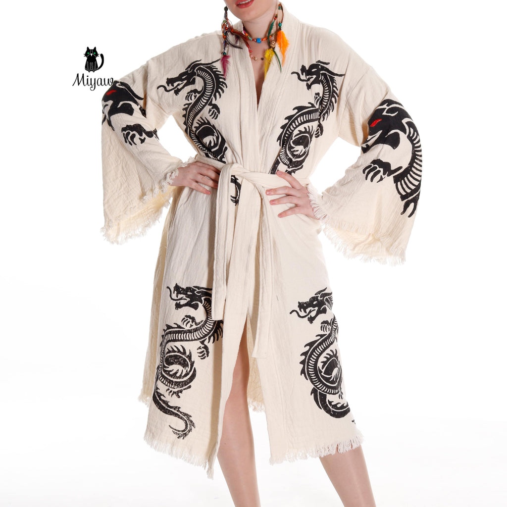 Boho Cotton Bath Robe – Organic Cotton Kimono Robe for Women, Dragon Gown & Beach Cover Ups - Blackthorn 31