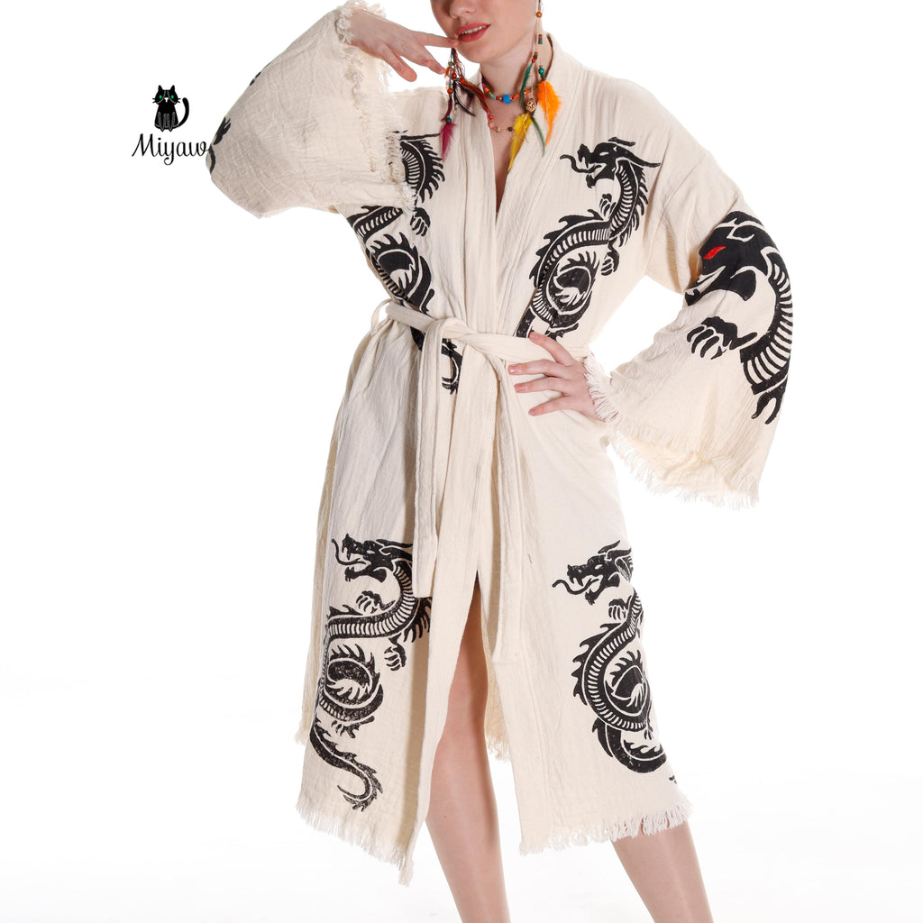 Boho Cotton Bath Robe – Organic Cotton Kimono Robe for Women, Dragon Gown & Beach Cover Ups - Blackthorn 31