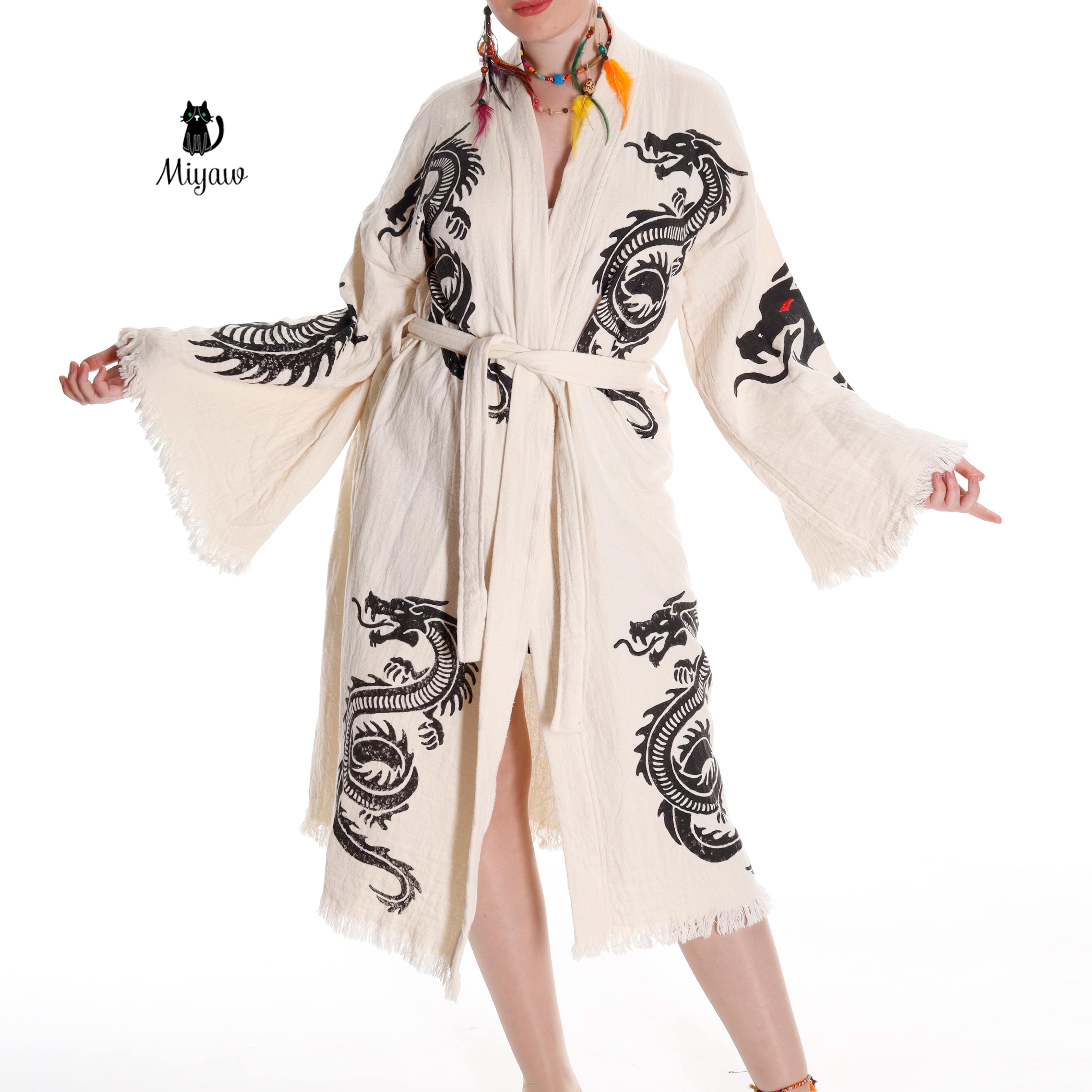 Boho Cotton Bath Robe – Organic Cotton Kimono Robe for Women, Dragon Gown & Beach Cover Ups - Blackthorn 31