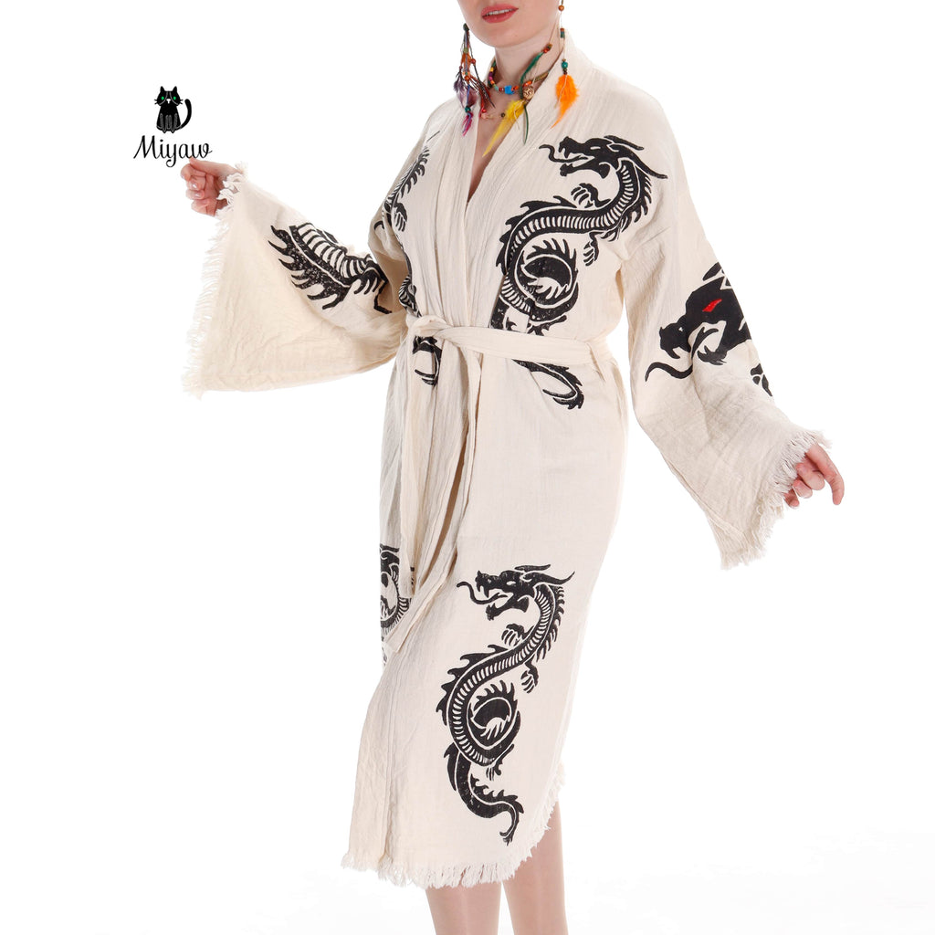 Boho Cotton Bath Robe – Organic Cotton Kimono Robe for Women, Dragon Gown & Beach Cover Ups - Blackthorn 31