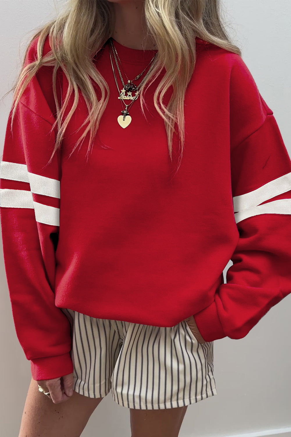 Fiery Red Preppy Striped Sleeve Loose Sweatshirt Casual