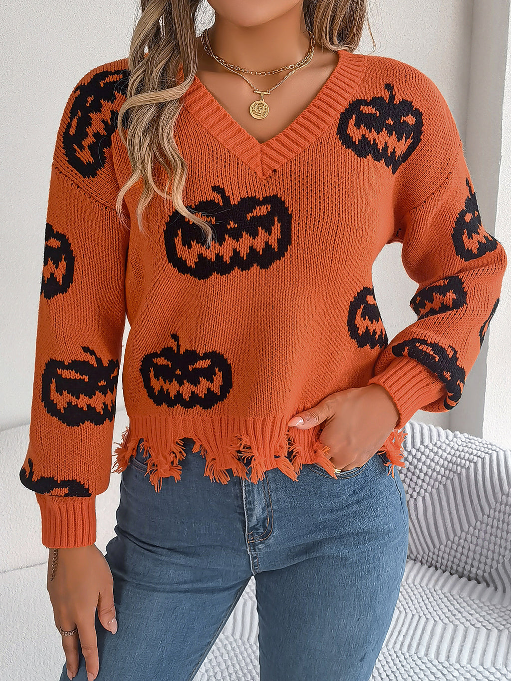 Women Color Block Pumpkin Distressed Long Sleeve Pullover Sweater - Blackthorn 31