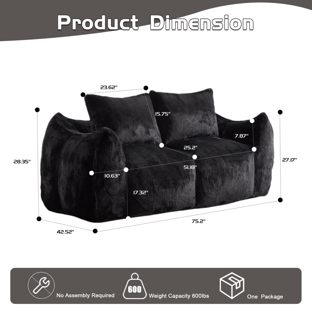 Blackthorn 31 oversized black bean bag couch with fluffy upholstery, lounge chair with pillows, perfect for living room or bedroom use.