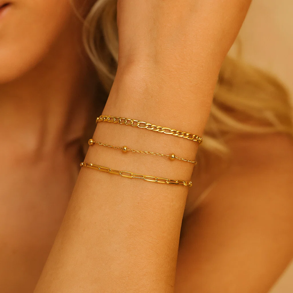 Adriana 3-Piece Stackable Bracelet Trio Set, Beaded, Figaro, Paperclip Link - Blackthorn 31