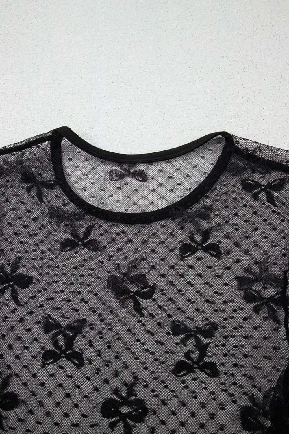 Bow Round Neck Sheer Lace Top With Stretch Fabric Imported - Blackthorn 31