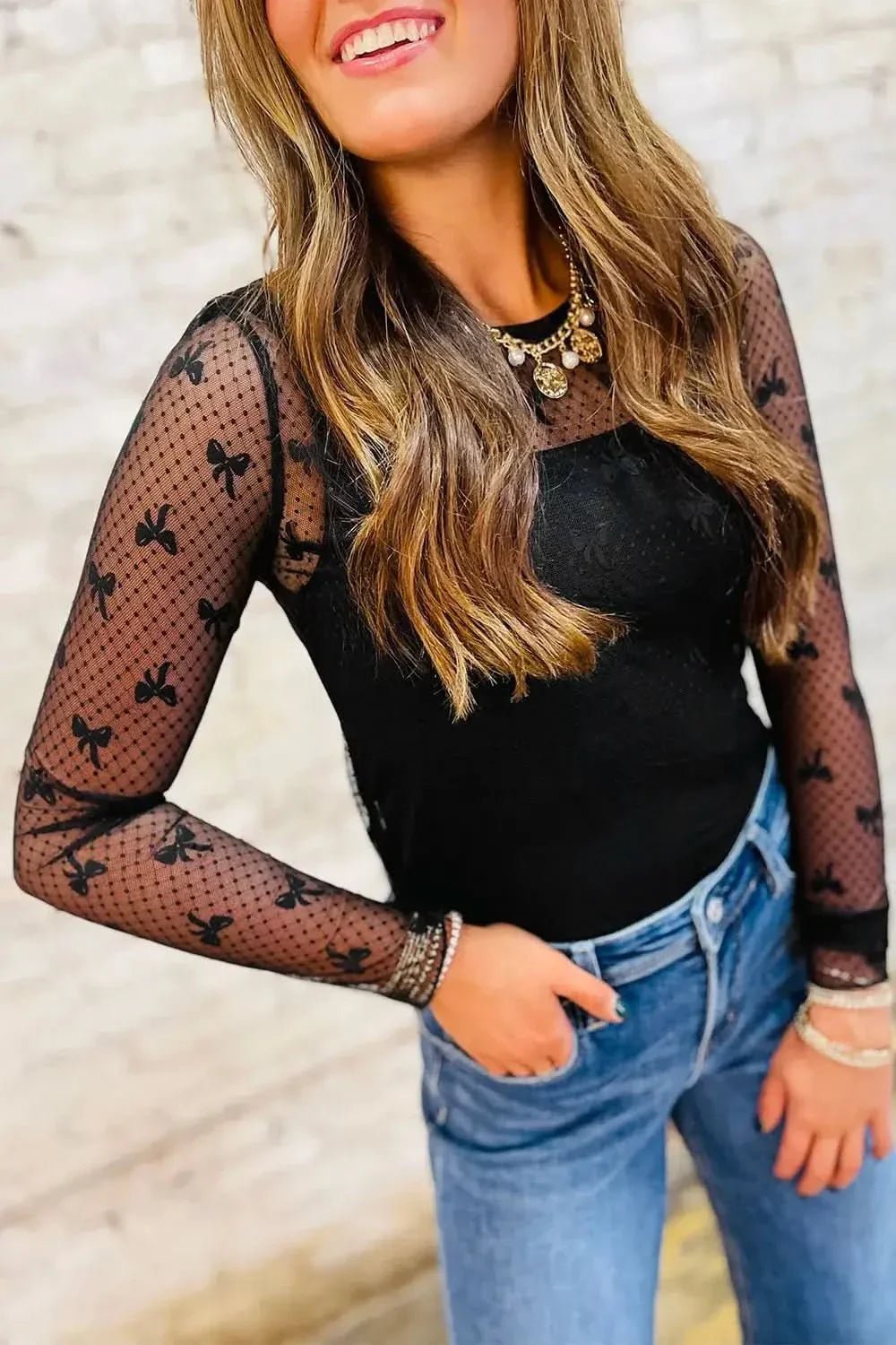 Bow Round Neck Sheer Lace Top With Stretch Fabric Imported - Blackthorn 31
