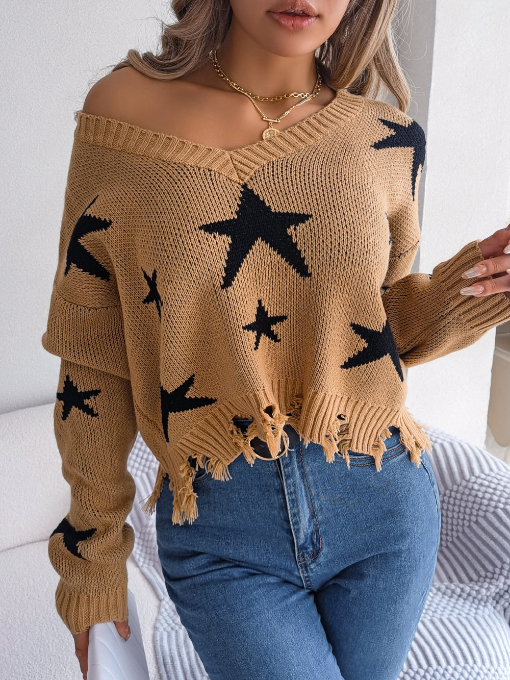 Women Casual V-Neck Star Distressed Long Sleeve Knit Sweater - Blackthorn 31
