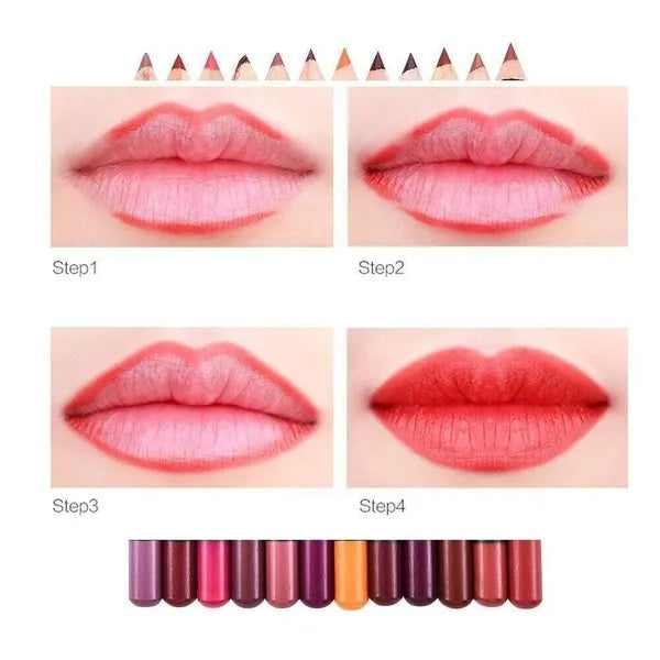 12Pcs Women Waterproof Lipstick Long Lasting Matte Lip Liner Pencil Lip Pen Set - Blackthorn 31