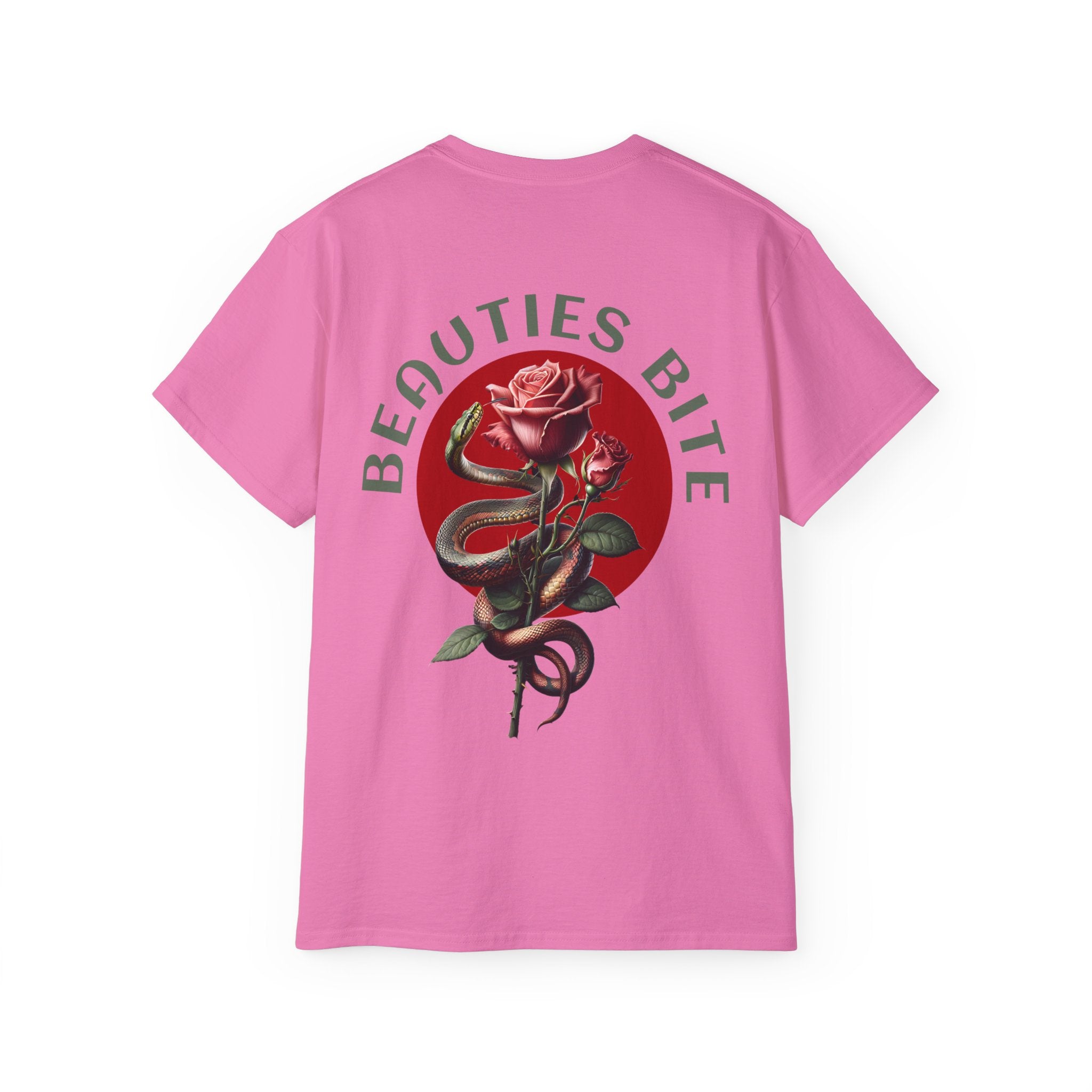 Damned Threads Beauties Bite unisex cotton T-shirt shown from the back, soft fabric and casual fit in natural color.