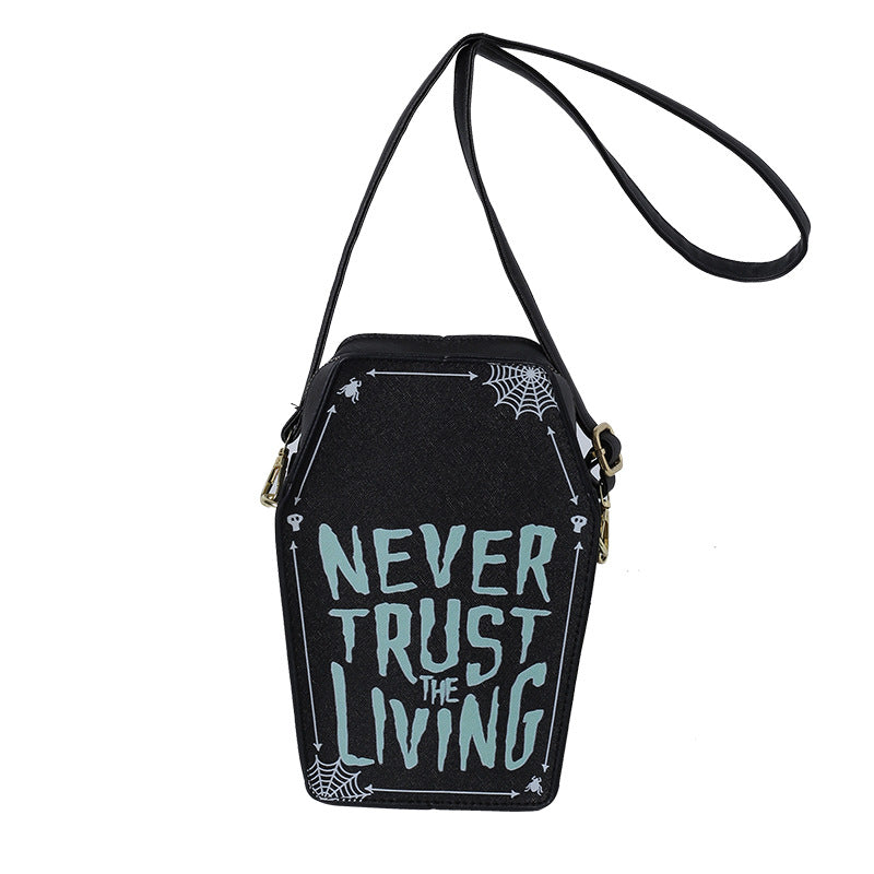 Blackthorn 31 graffiti printed vertical small square goth-style bag with dark, edgy design and bold graffiti artwork.