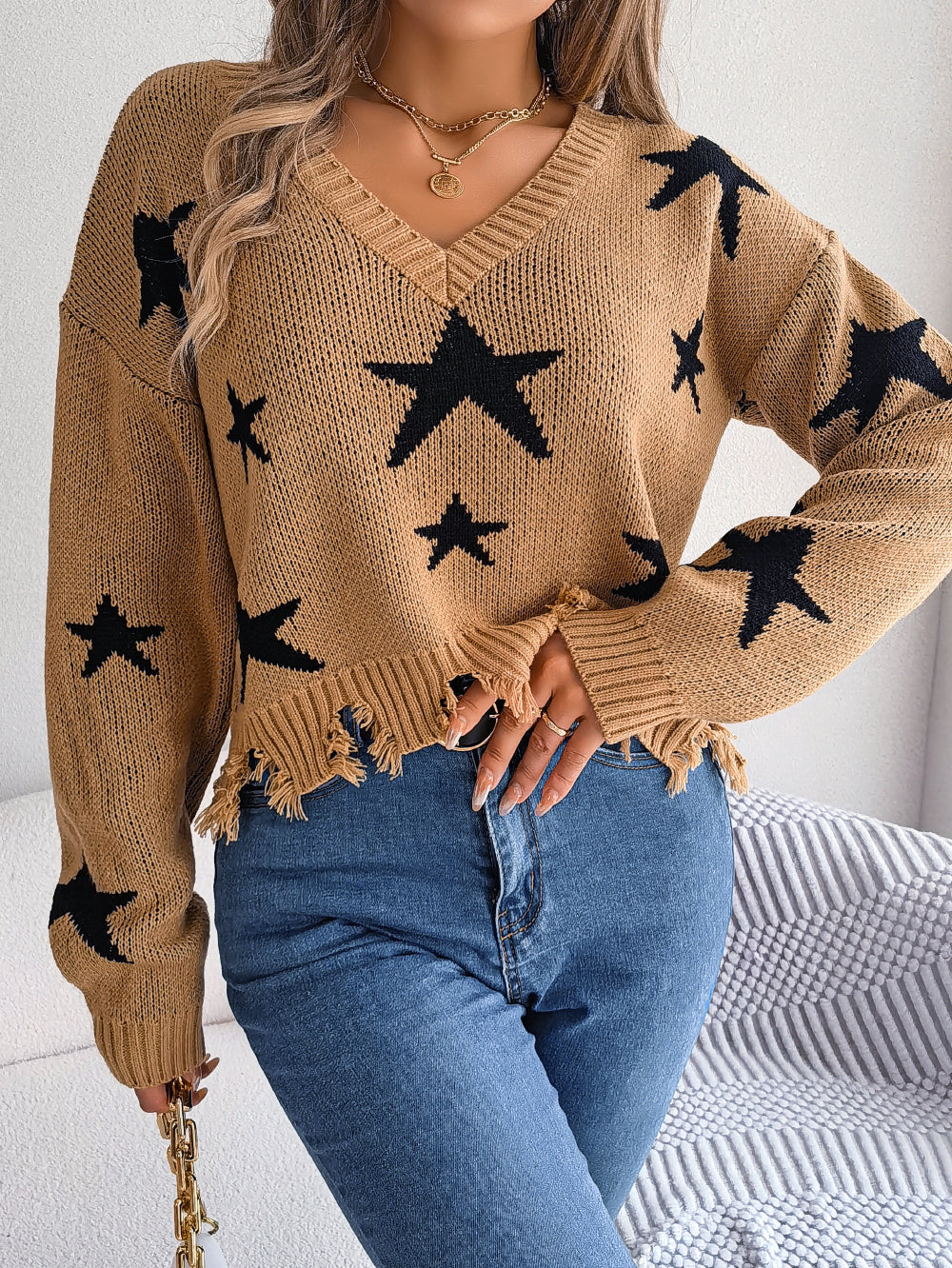 Women Casual V-Neck Star Distressed Long Sleeve Knit Sweater - Blackthorn 31