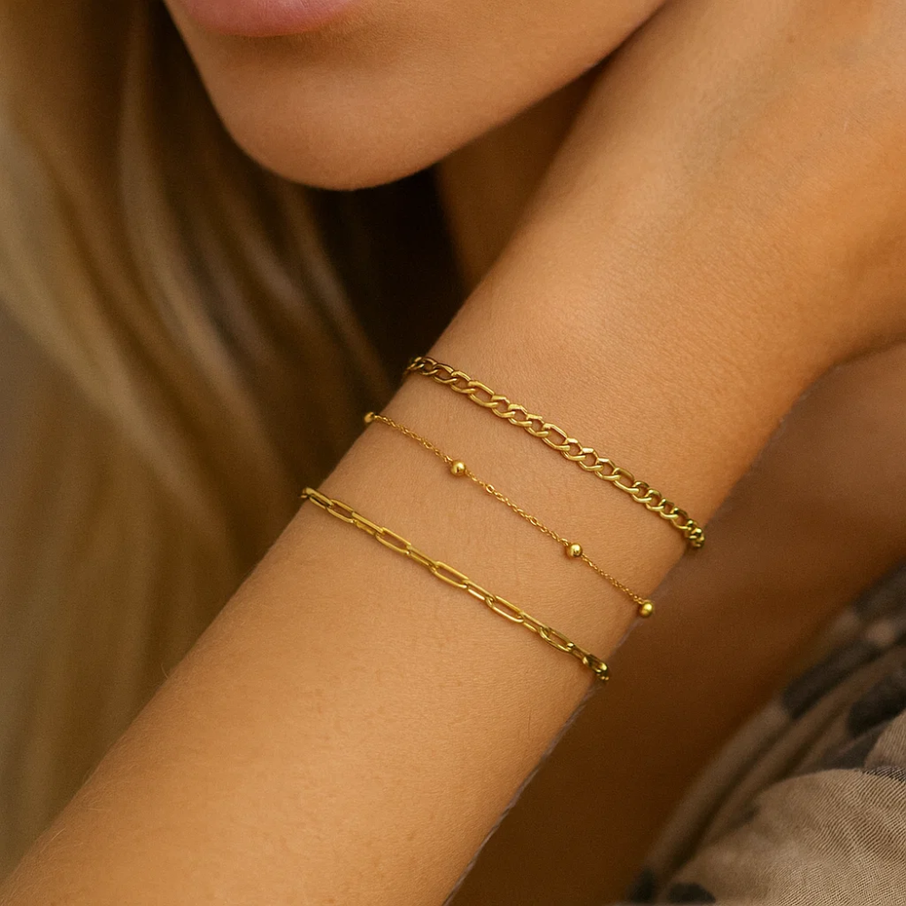 Adriana 3-Piece Stackable Bracelet Trio Set, Beaded, Figaro, Paperclip Link - Blackthorn 31