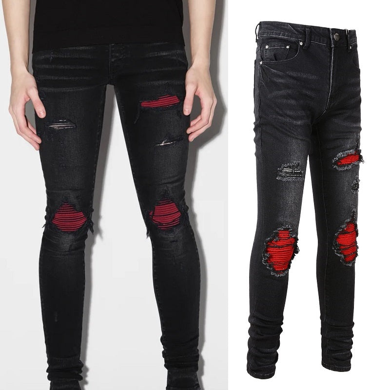 Blackthorn 31 stretch slim black jeans for men, showing a close-up of fitted denim fabric and stylish design details.