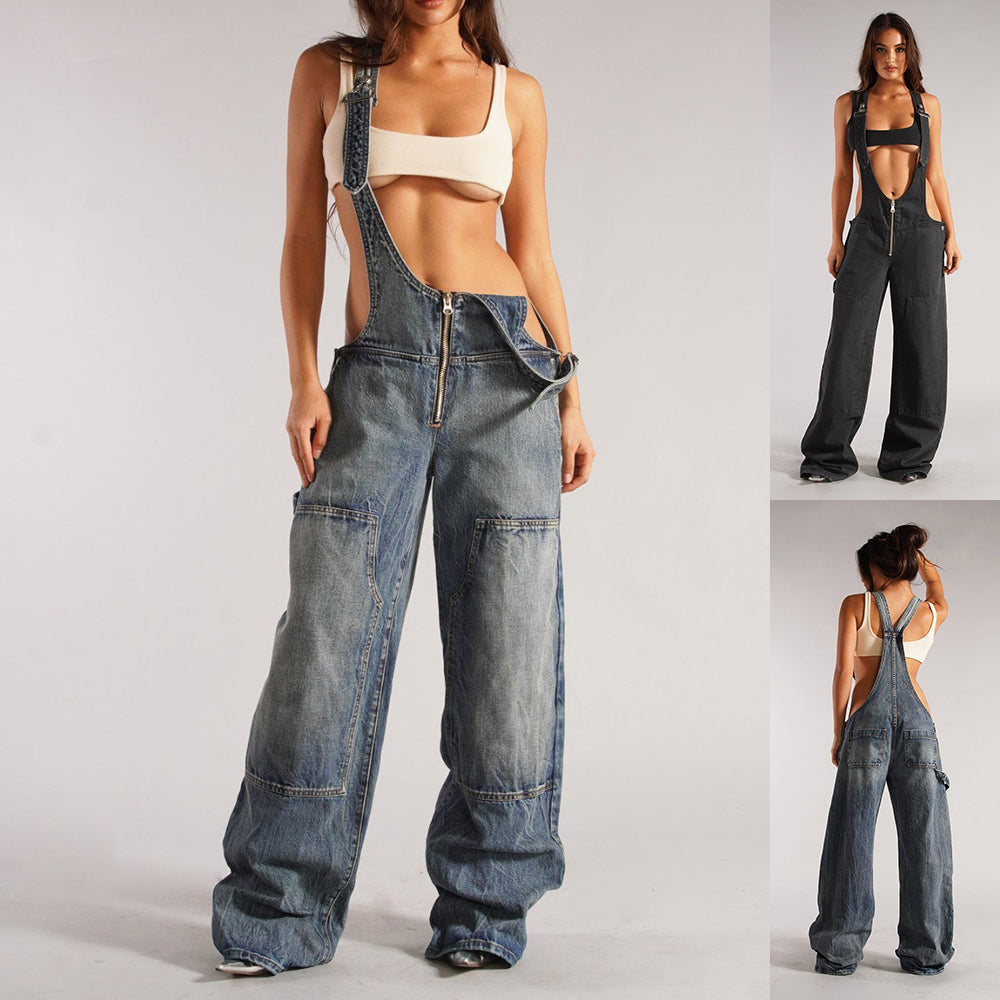 Blackthorn 31 Y2K zipper denim overalls with pockets, loose fit, suspenders, streetwear style, women's jeans pants.