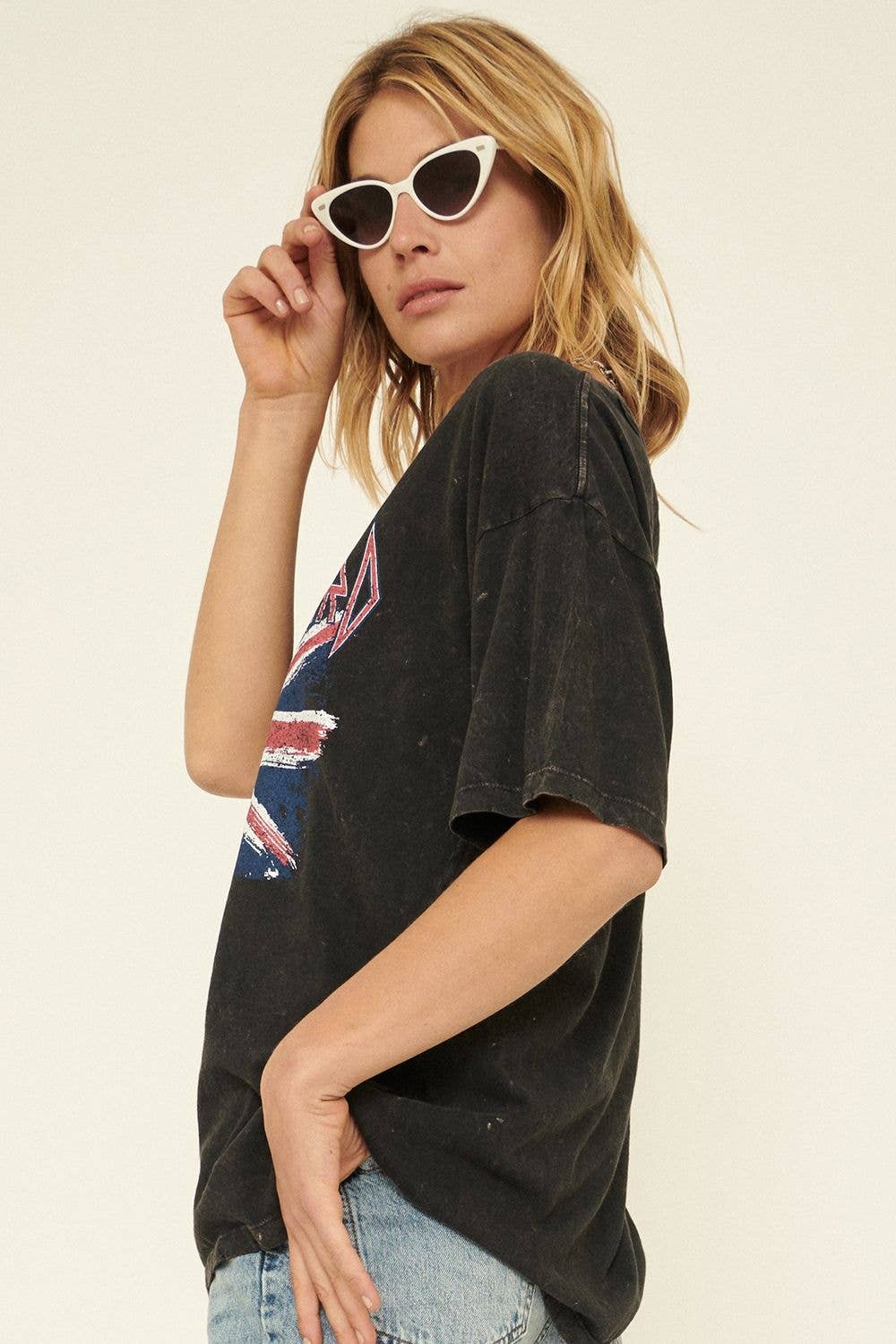 Rosie Karma Def Leppard Union Jack distressed graphic T-shirt with bold band logo and vintage-inspired design.