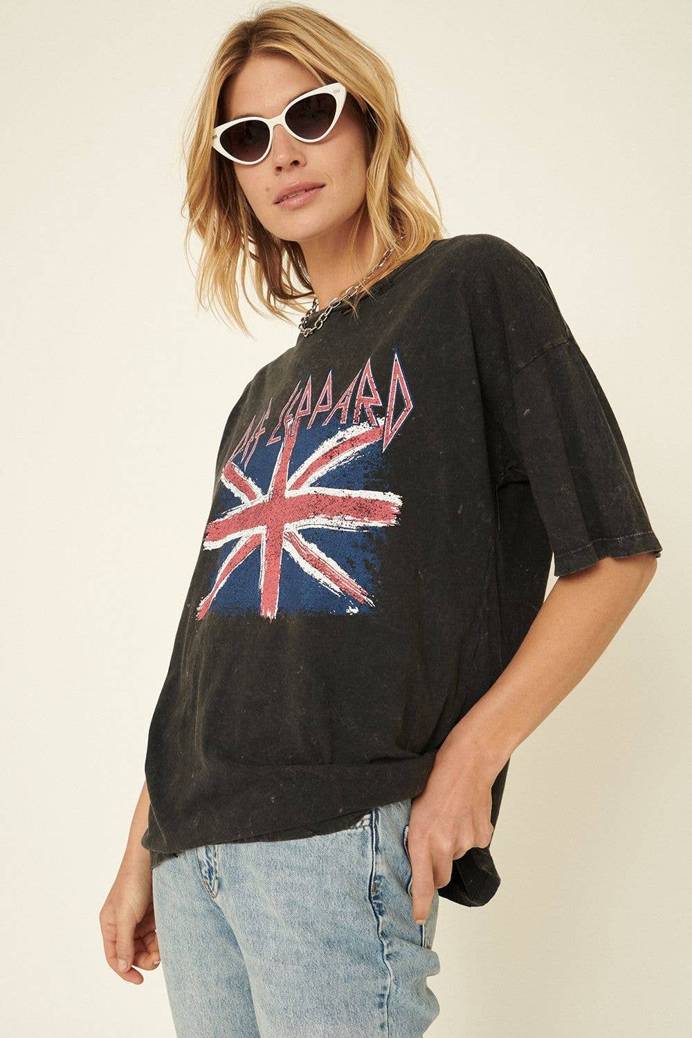 Rosie Karma Def Leppard Union Jack distressed graphic tee shirt with bold band logo and vintage-inspired design.