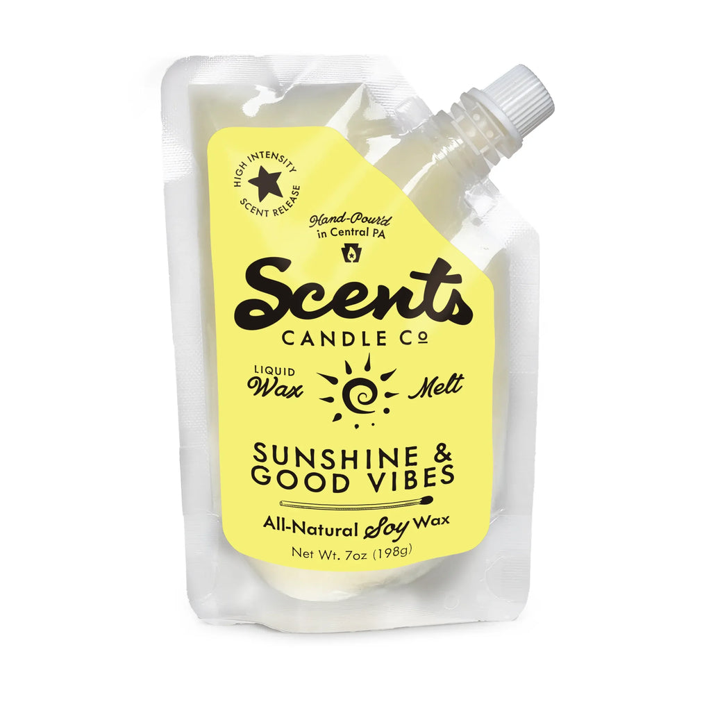 7oz squeezable Sunshine & Good Vibes liquid wax melts from Scents Candle Co. in a clear bottle with a bright yellow label.