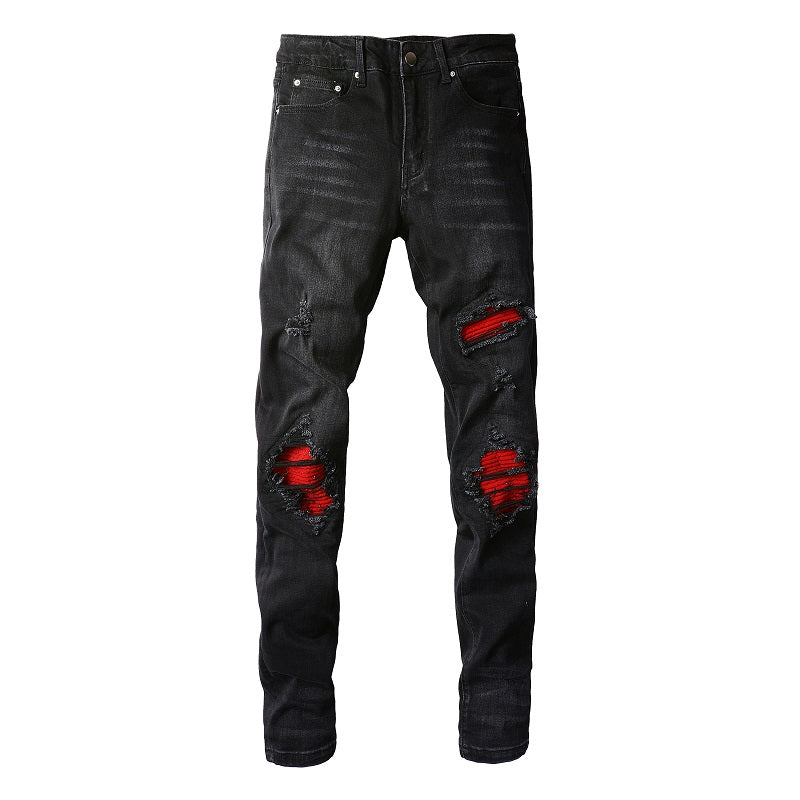 Stretch slim black jeans for men by Blackthorn 31, showcasing a fitted style with classic five-pocket design.