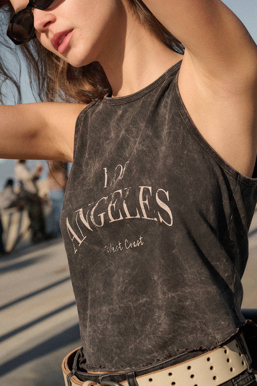 Rosie Karma Los Angeles Mineral Washed Graphic Tank Top featuring a cityscape print and sleeveless design, casual summer shirt.