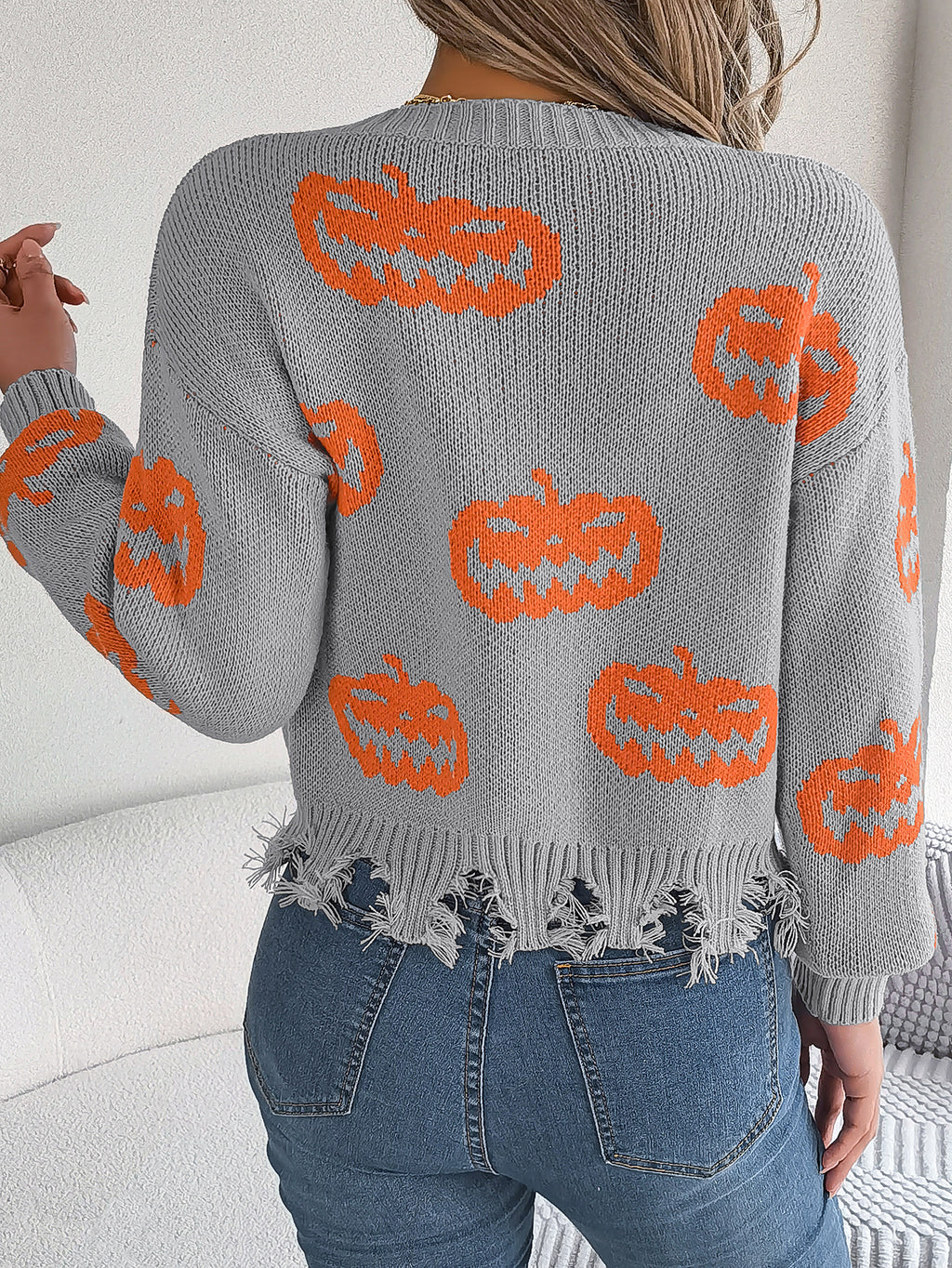 Women Color Block Pumpkin Distressed Long Sleeve Pullover Sweater - Blackthorn 31