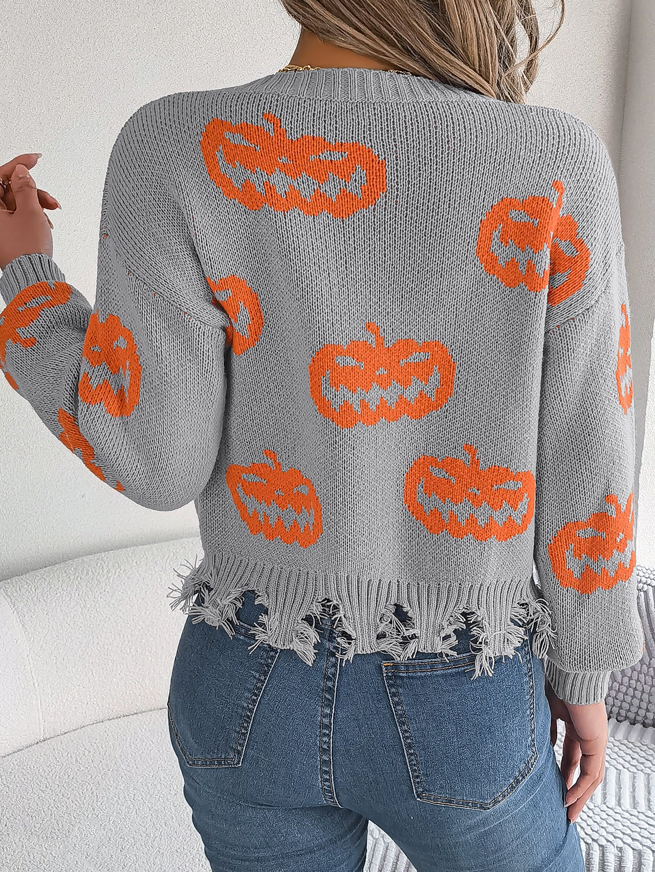 Women Color Block Pumpkin Distressed Long Sleeve Pullover Sweater - Blackthorn 31