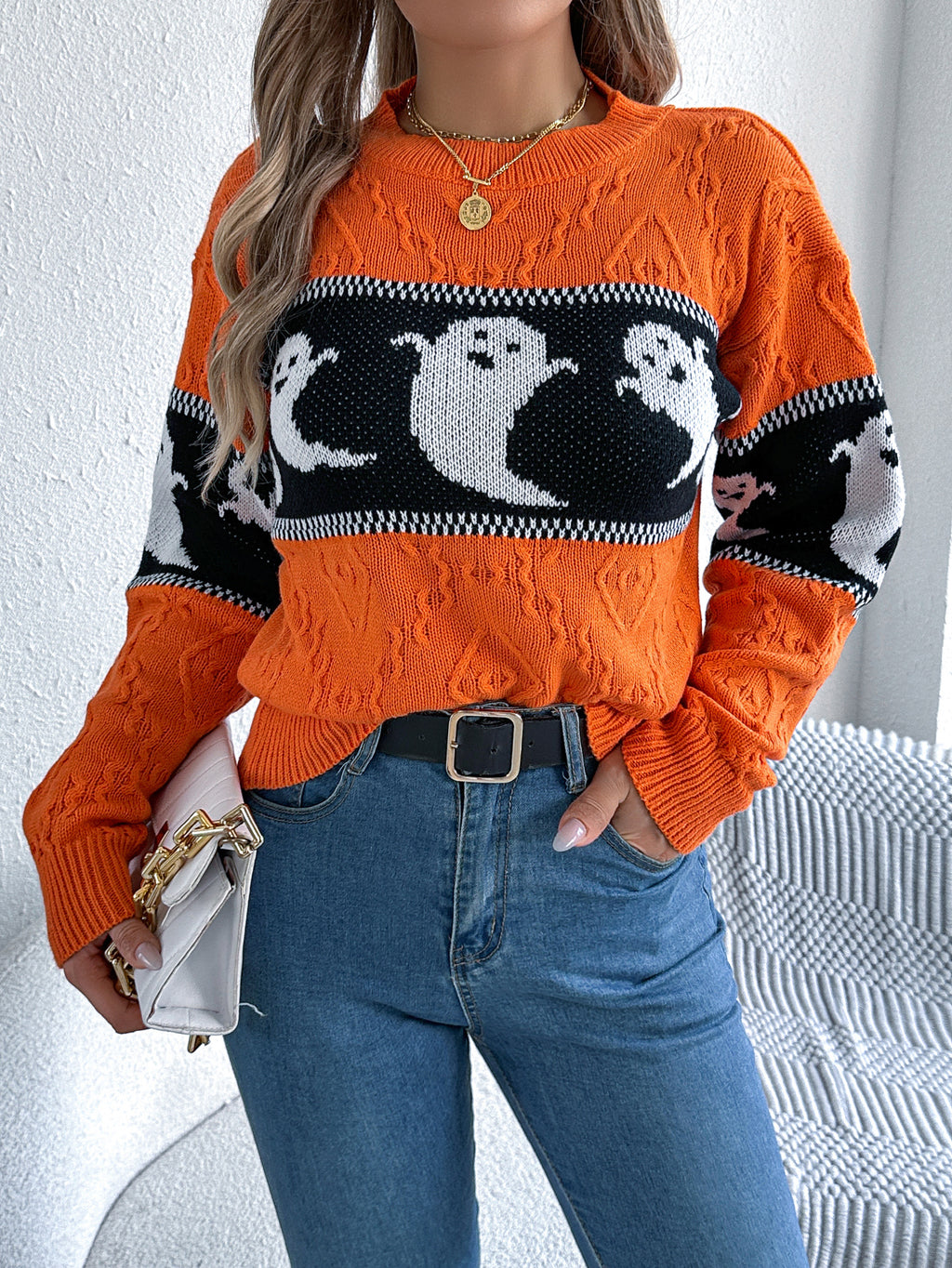 Women Ghost Color Block Long Sleeve Pullover Sweater - Blackthorn 31