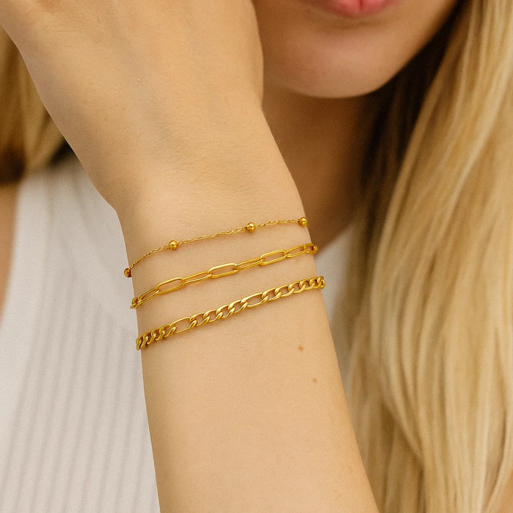 Adriana 3-Piece Stackable Bracelet Trio Set, Beaded, Figaro, Paperclip Link - Blackthorn 31