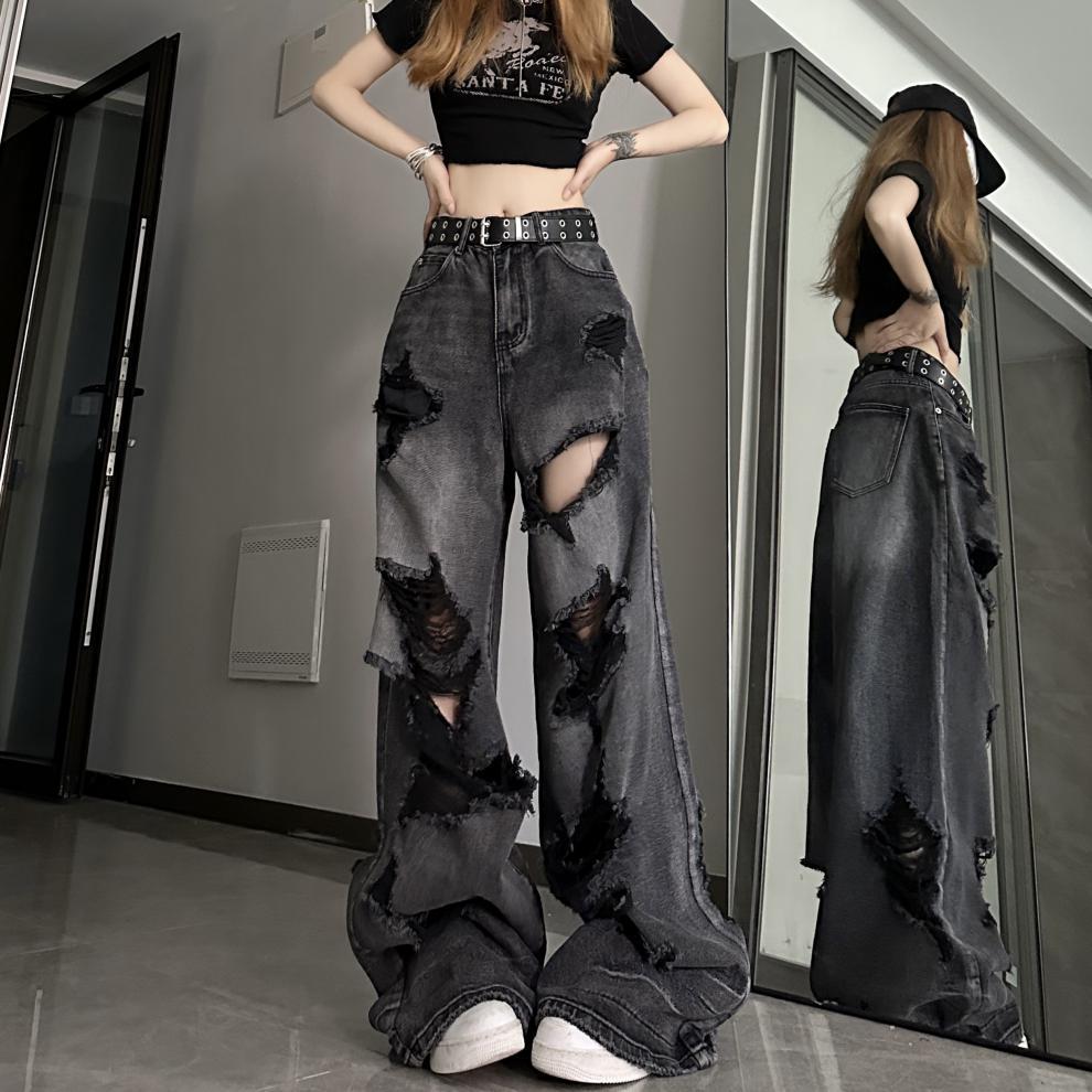 Dark black denim ripped wide leg jeans - Blackthorn 31
