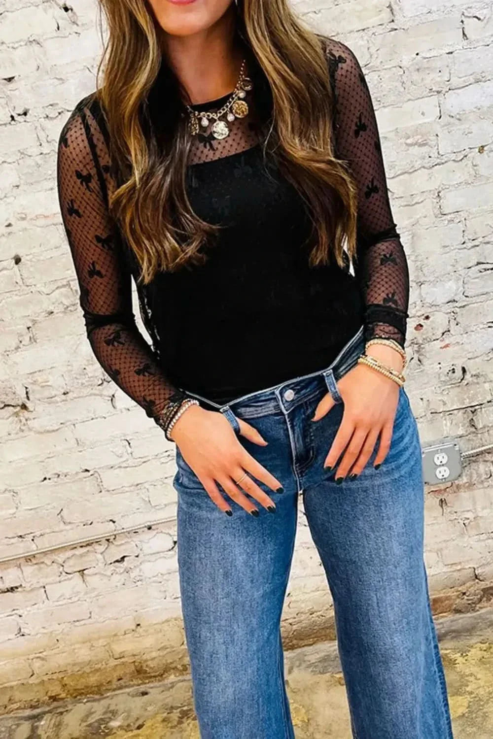 Bow Round Neck Sheer Lace Top With Stretch Fabric Imported - Blackthorn 31