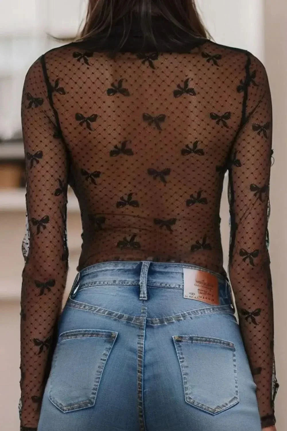 Bow Round Neck Sheer Lace Top With Stretch Fabric Imported - Blackthorn 31