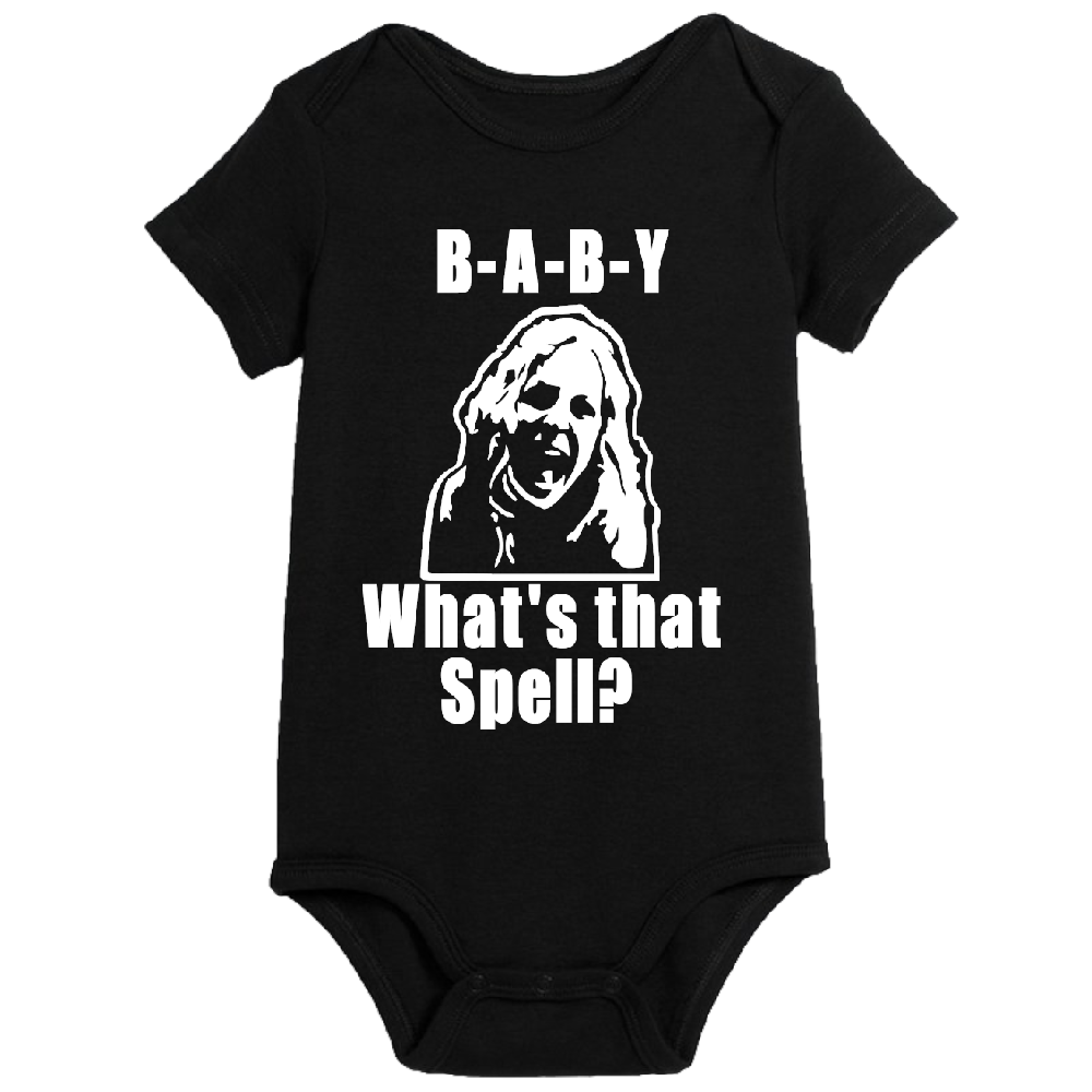 Black baby onesie featuring horror-themed design for newborns to 24 months, from Witchcraftedinmi, perfect for Halloween.