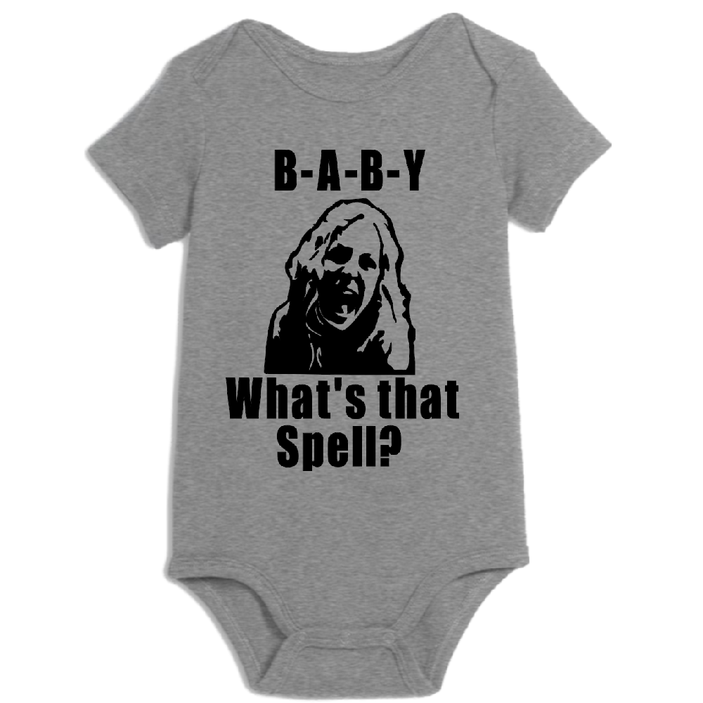 Grey baby onesie featuring horror-themed design for 0-24 months, from witchcraftedinmi, perfect for Halloween costumes.