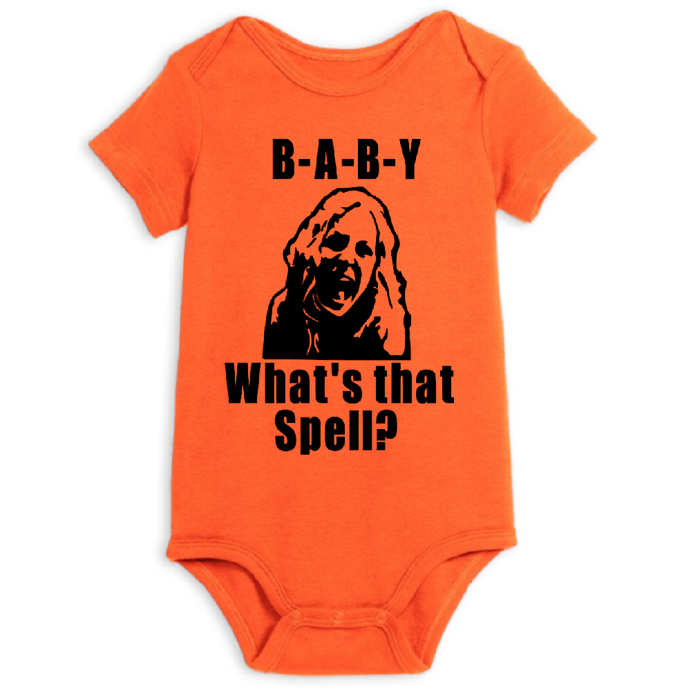 Orange baby onesie featuring horror-themed design for newborns and toddlers, from WitchcraftEdInMi, perfect for Halloween costumes.