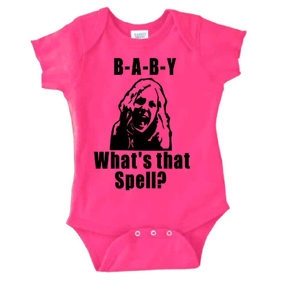 Pink baby onesie featuring horror-themed design for newborns and toddlers up to 24 months, by witchcraftedinmi.