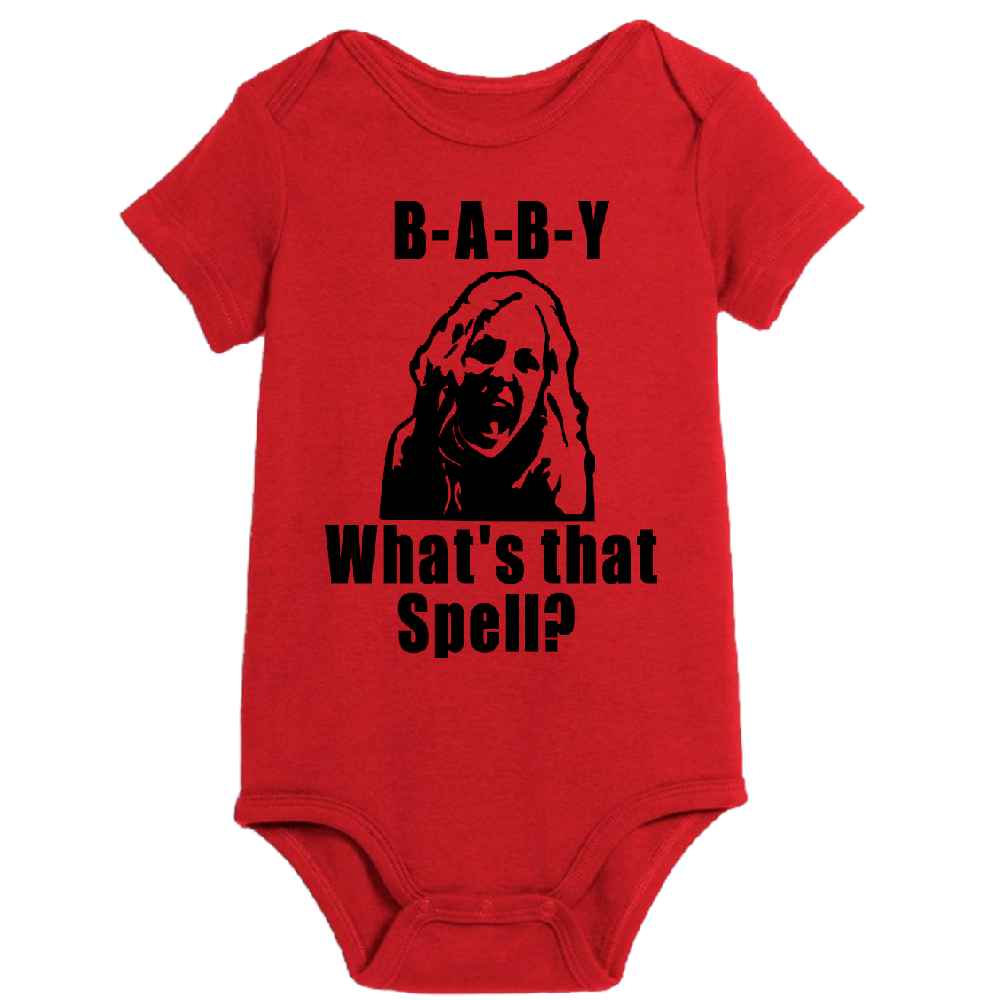 Red baby onesie featuring horror-themed design for newborns to 24 months by witchcraftedinmi, perfect for Halloween costumes.