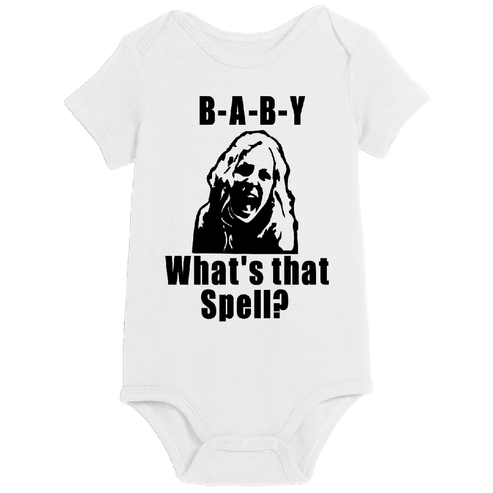 White baby onesie with horror-themed design, sized for newborn to 24 months, by witchcraftedinmi, perfect for Halloween costumes.