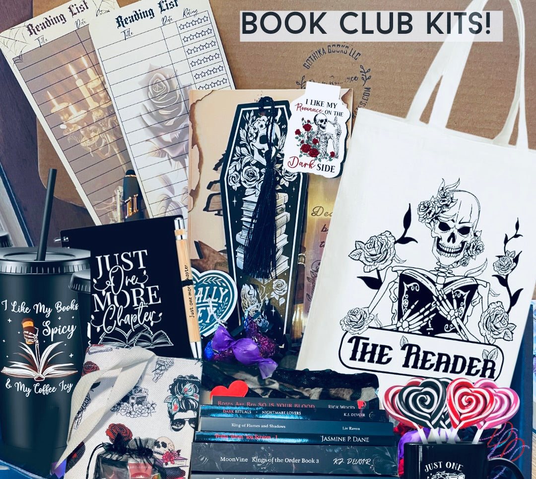 Dark Romance Crates book club kit featuring dark romance novels and themed merchandise for book parties and reading groups.