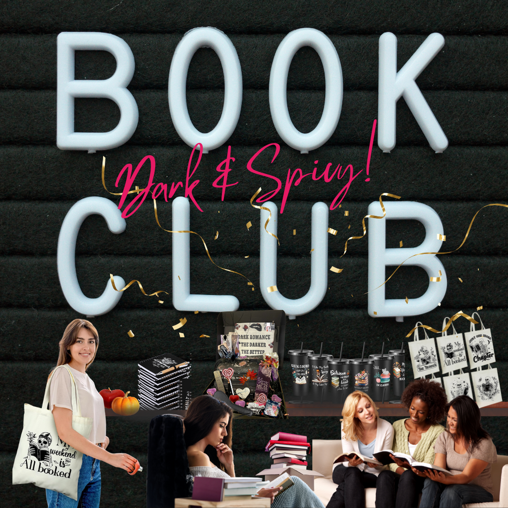 Dark Romance Crates book club kit featuring dark romance novels and themed merchandise for book parties and discussions.