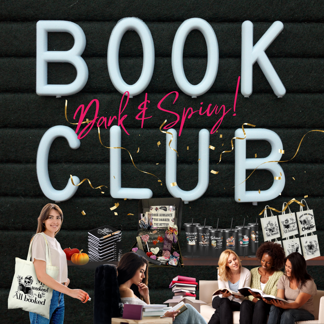 Dark Romance Crates book club kit featuring dark romance novels and themed merchandise for book parties and discussions.