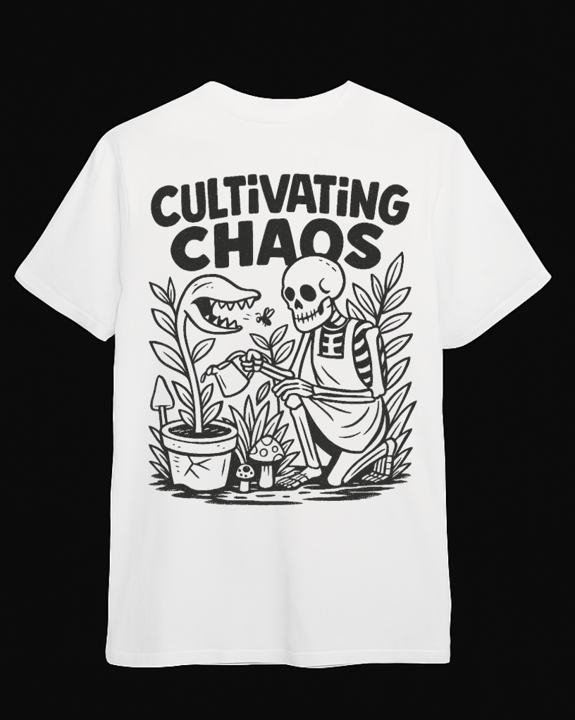 Back view of Looming Mischief Cultivating Chaos T-Shirt featuring a creative, artistic design on soft cotton fabric.