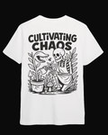Back view of Looming Mischief Cultivating Chaos T-Shirt featuring a creative, artistic design on soft cotton fabric.