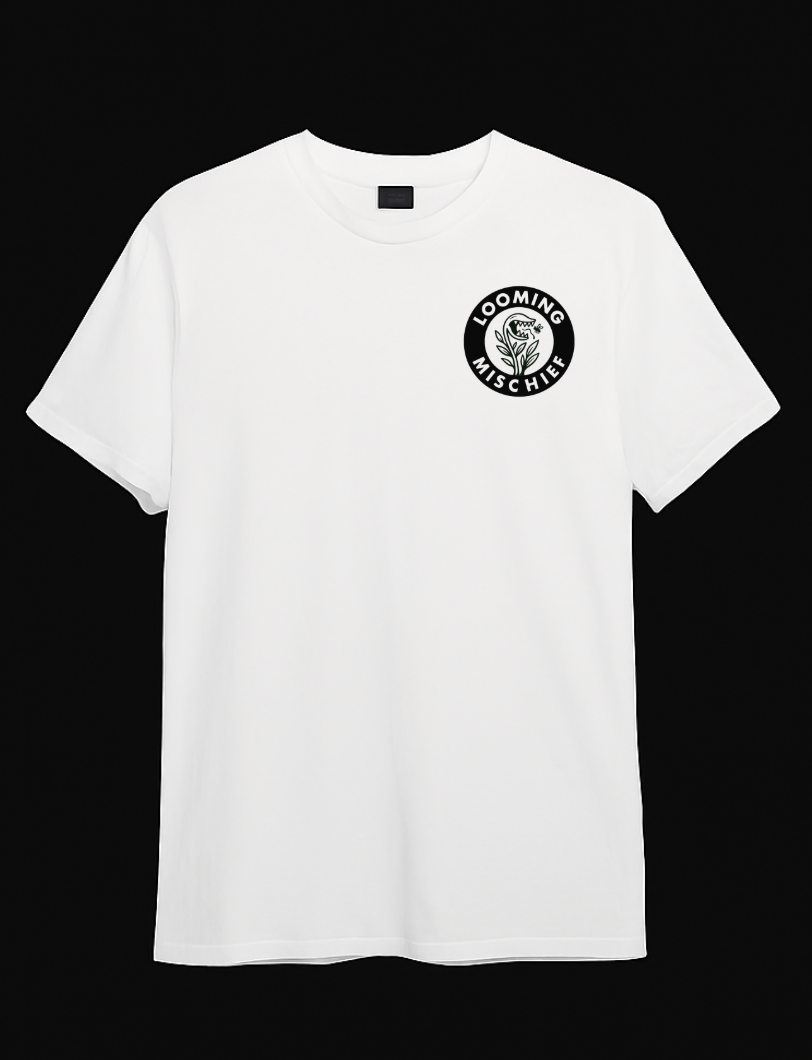 Front view of Looming Mischief Cultivating Chaos T-Shirt featuring a bold graphic design on soft cotton fabric.
