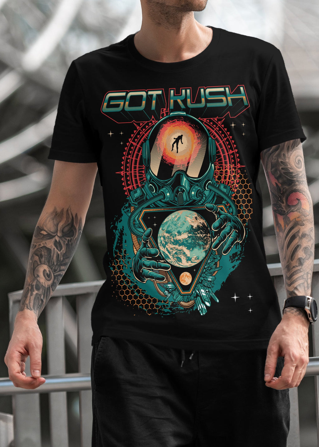 Got Kush Lost In Space men's T-shirt featuring space-themed graphic design on soft, comfortable fabric.