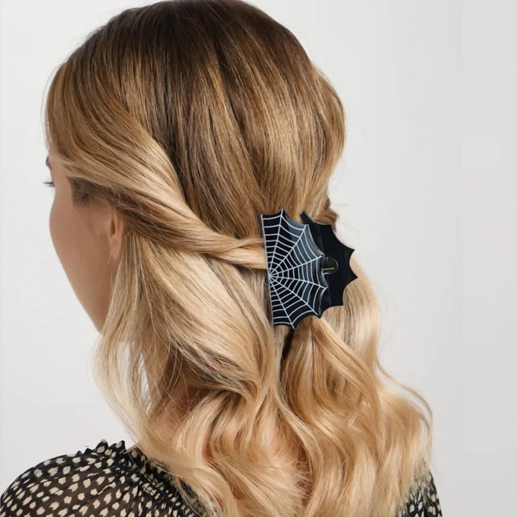 Halloween spider web hair claws by Green Witch Creations, creepy black and white hair accessories for spooky hairstyles.