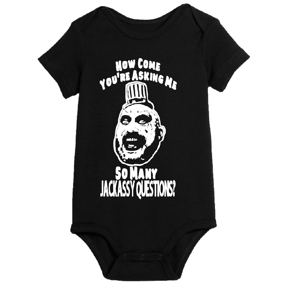 Black Captain Spaulding Jackassy House 1000 Corpses children's onesie for newborns and 24 months, featuring horror-themed design.