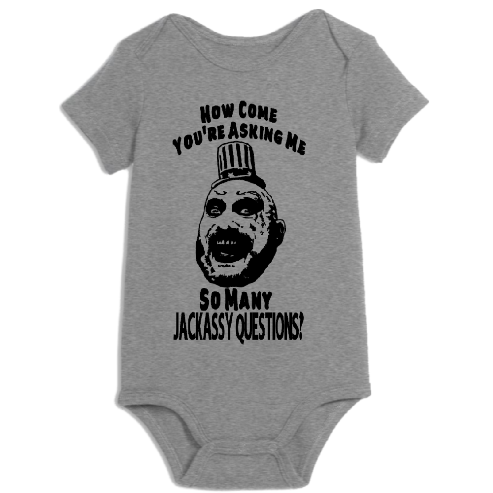 Grey Captain Spaulding Jackassy House 1000 Corpses children’s bodysuit for newborns and 24 months, featuring horror-themed design.