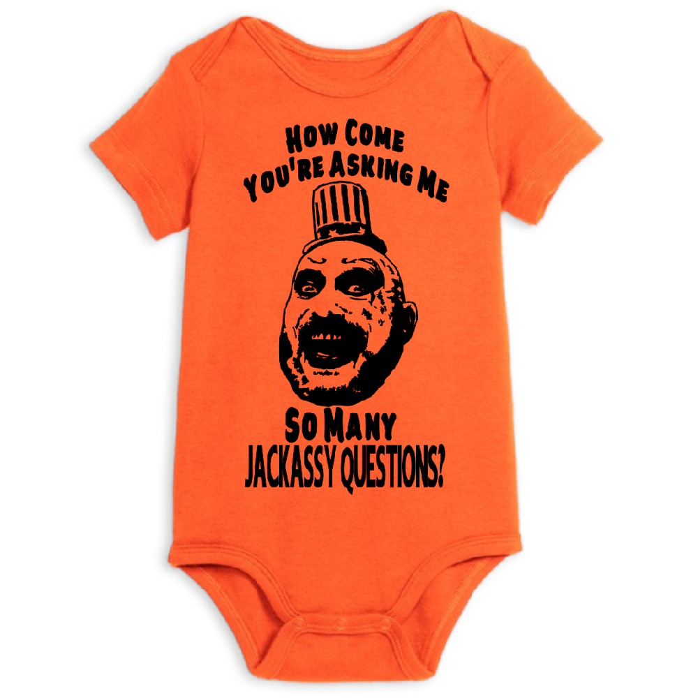 Orange Jackassy children's bodysuit featuring Captain Spaulding from 1000 Corpses, ideal for newborns and toddlers during Halloween.