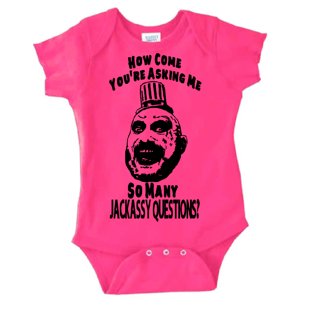 Pink newborn Jackassy onesie featuring Captain Spaulding from 1000 Corpses, perfect for horror Halloween costumes for children.